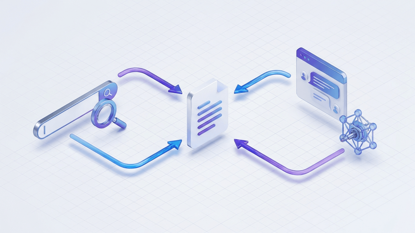 같은 콘텐츠가 검색엔진(SEO)과 생성형 AI(GEO) 양쪽의 답변 근거로 함께 순환합니다.