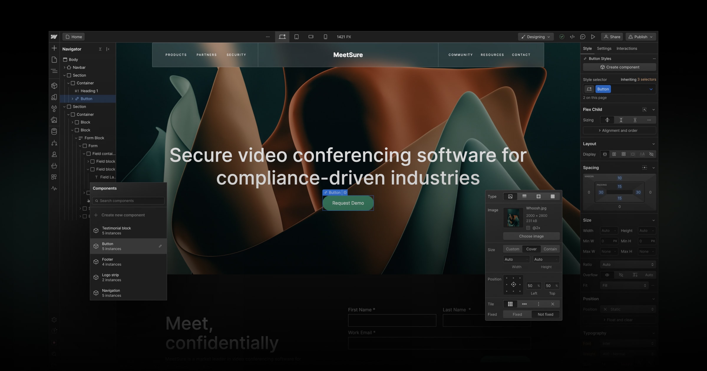 Webflow 디자이너 화면. 프론트엔드 구조를 세밀하게 제어할 수 있는 대신 직접 수정 난이도는 높습니다.